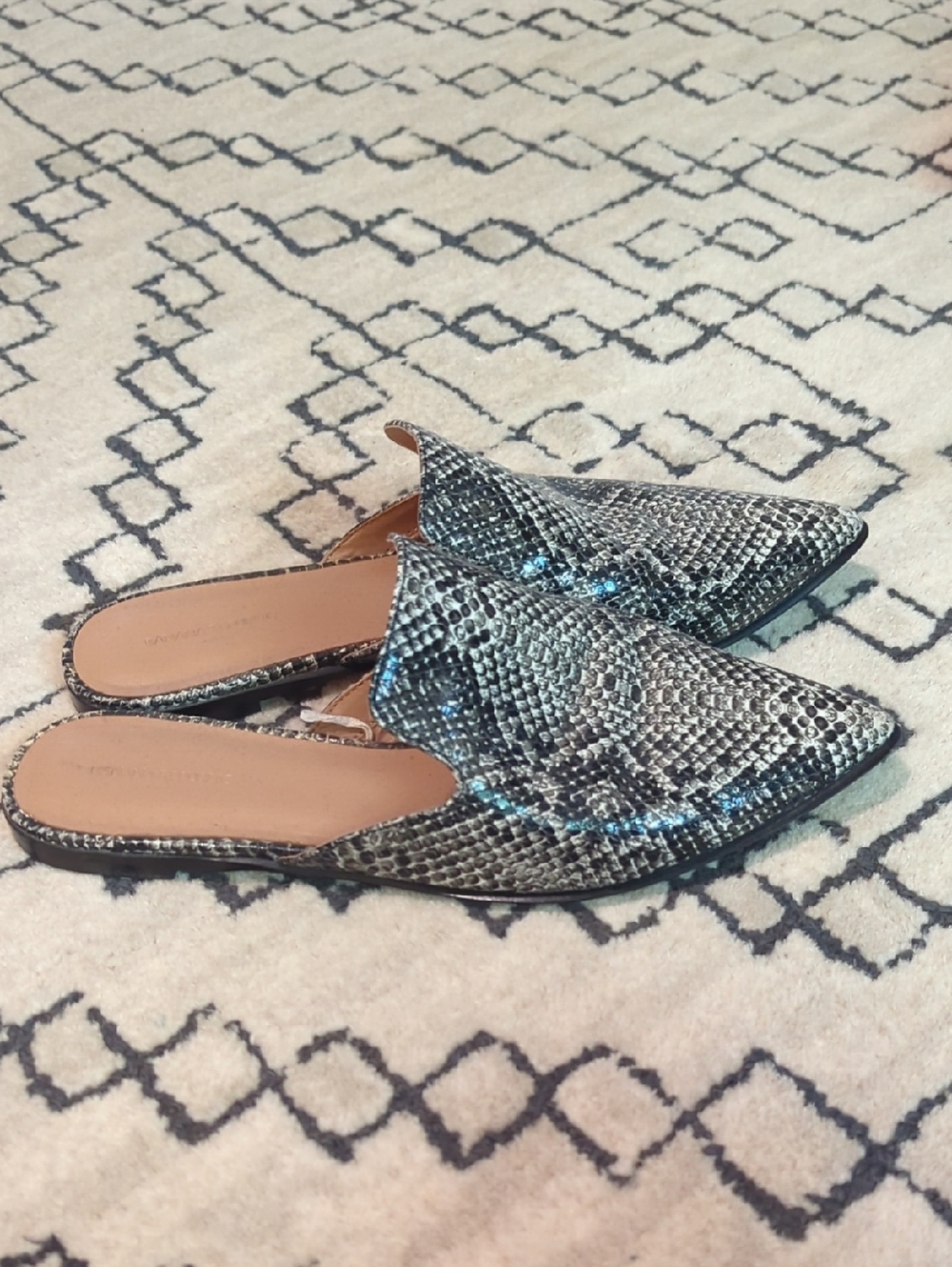 Banana Republic Women’s Pointed Toe Snake-Print Slip-On Mules in Black and Gray